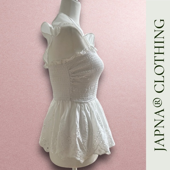 NWOT Japna White Eyelet Smocked Ruffle Strap Top, Size S, MSRP $35 - Picture 2 of 5